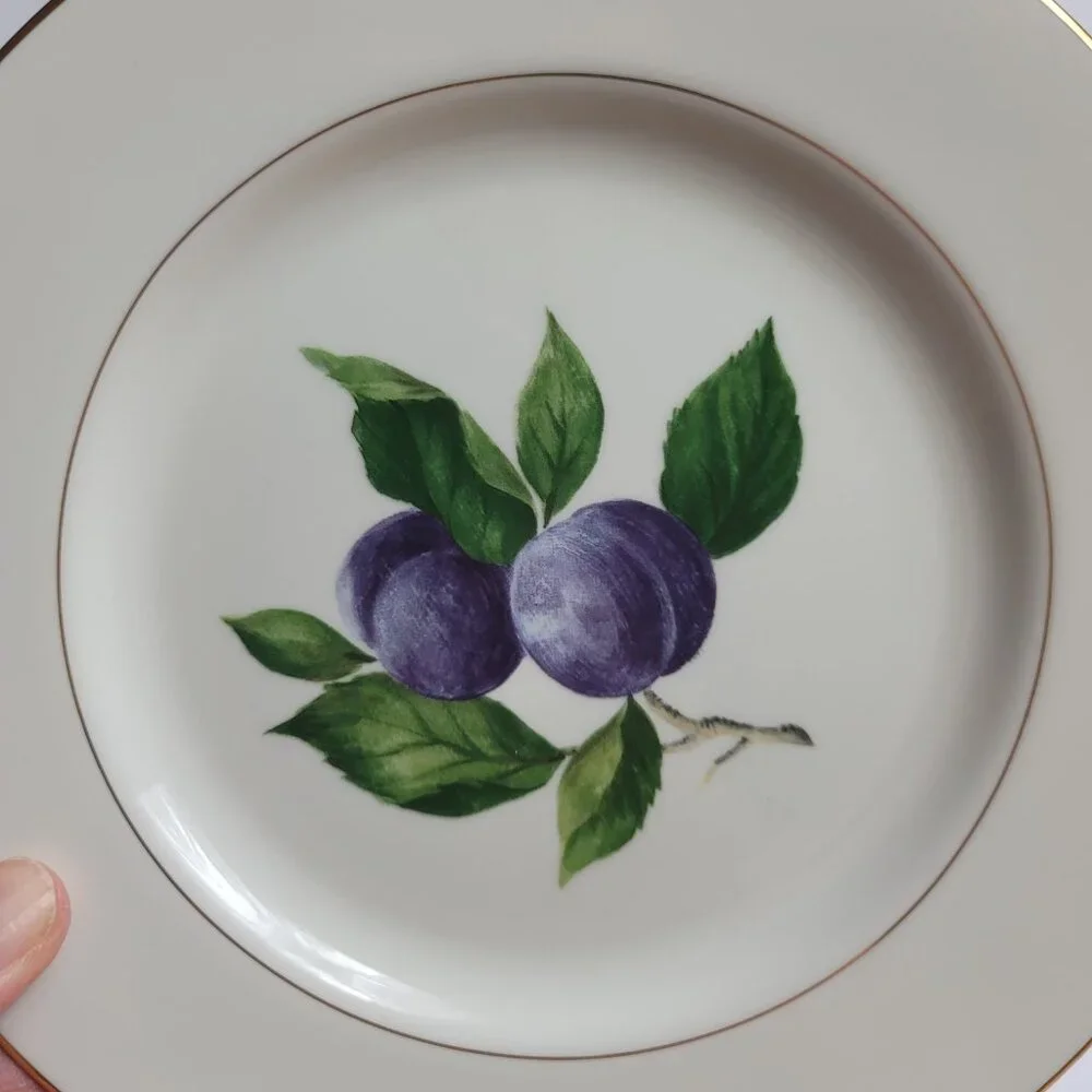 TWO Mikasa Plum Court L3132 Salad Plates White with Purple Plums & Green Leaves